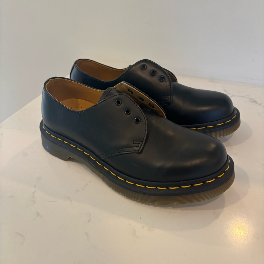 Dr. Martens Black Leather Oxfords with Yellow Stitching
